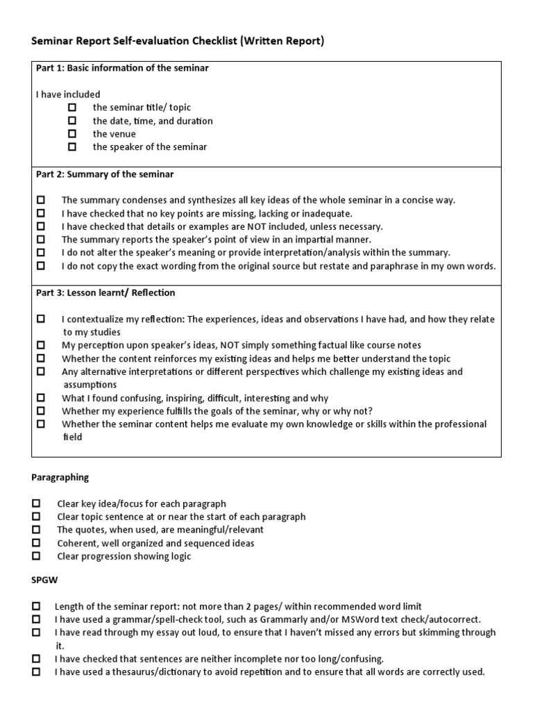 Seminar Report Self-Evaluation Checklist | PDF | Human Communication ...
