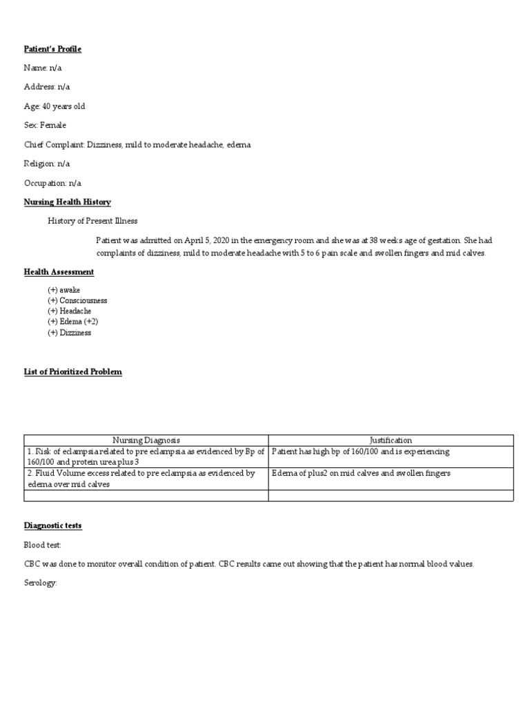 NCP Example Pre Eclampsia PDF Childbirth Medical Specialties