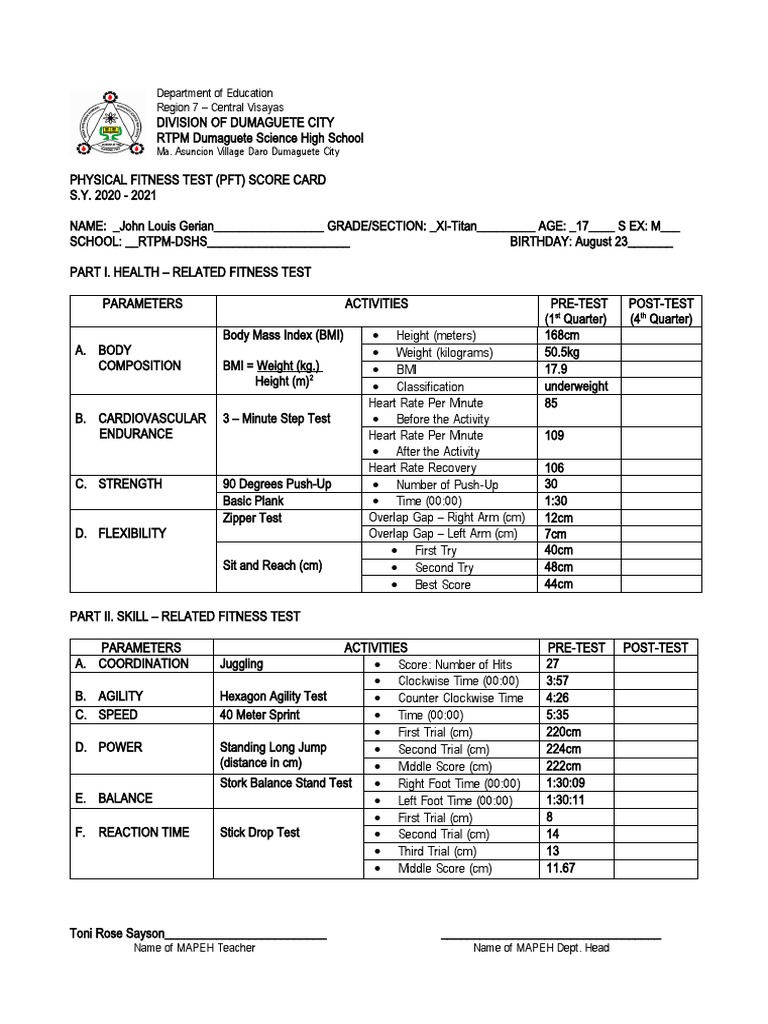 Physical Fitness Test Score Card PDF Body Mass Index Determinants
