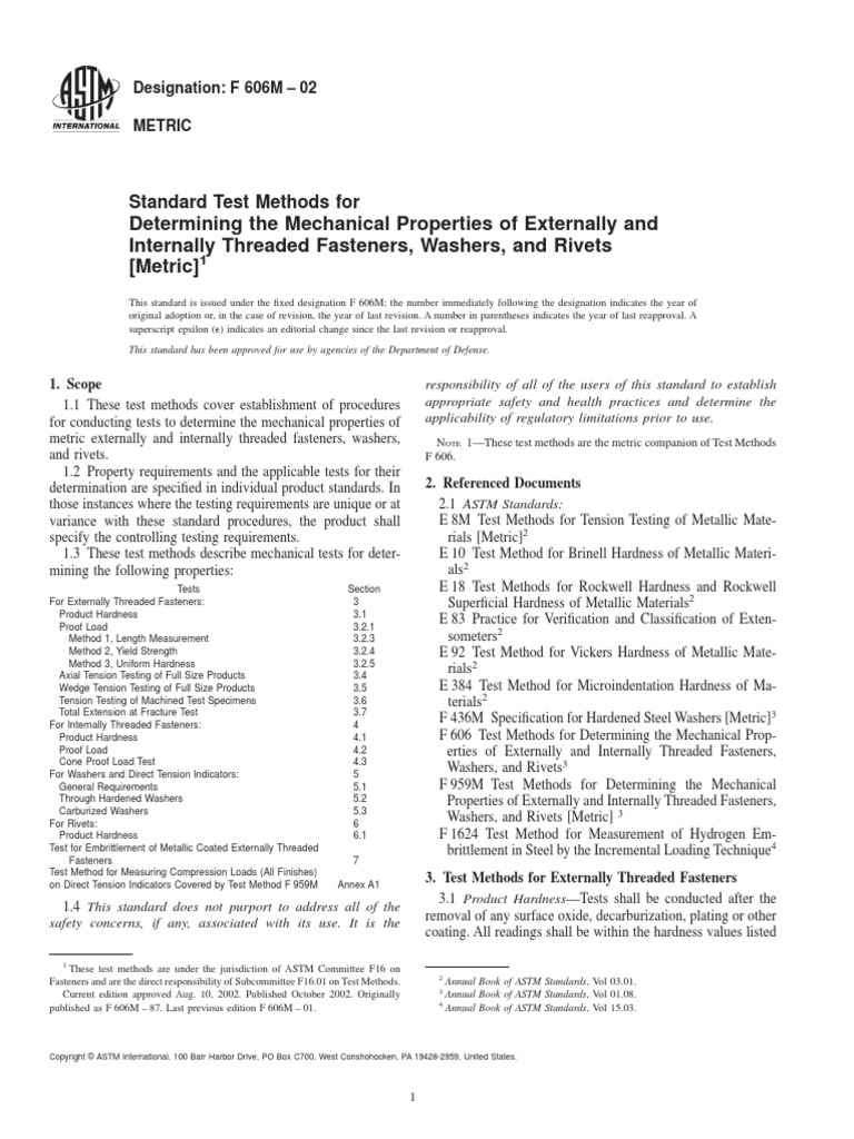 Determining The Mechanical Properties of Externally and Internally Threaded Fasteners, Washers