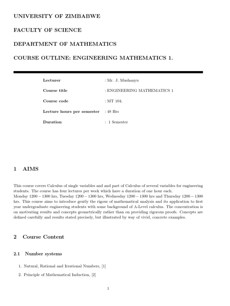 Engineering Mathematics 1 Course Outline | PDF | Integral | Maxima And ...