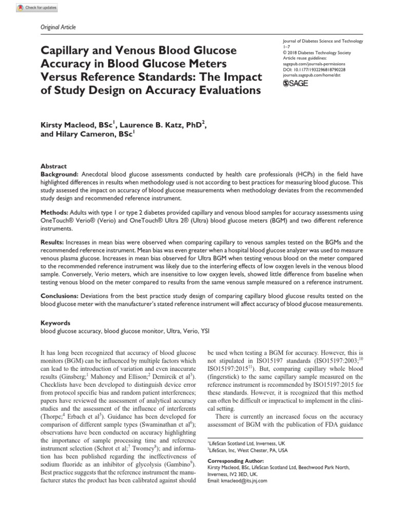 Capillary and Venous Blood Glucose Accuracy in Blood Glucose Meters