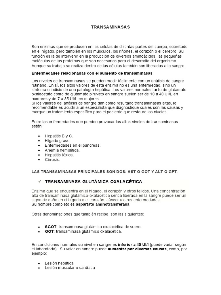 Transaminasas: Niveles y Enfermedades | PDF | Transaminasa | Alanina ...
