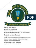 Name: Iqra Saleem Roll No: bsf1904879 Program: BS Mathematics (2 Semester) Subject: Pakistan Studies Topic