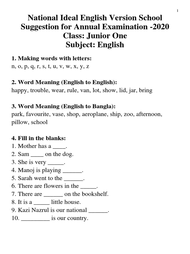 Junior One English Suggestion Pdf