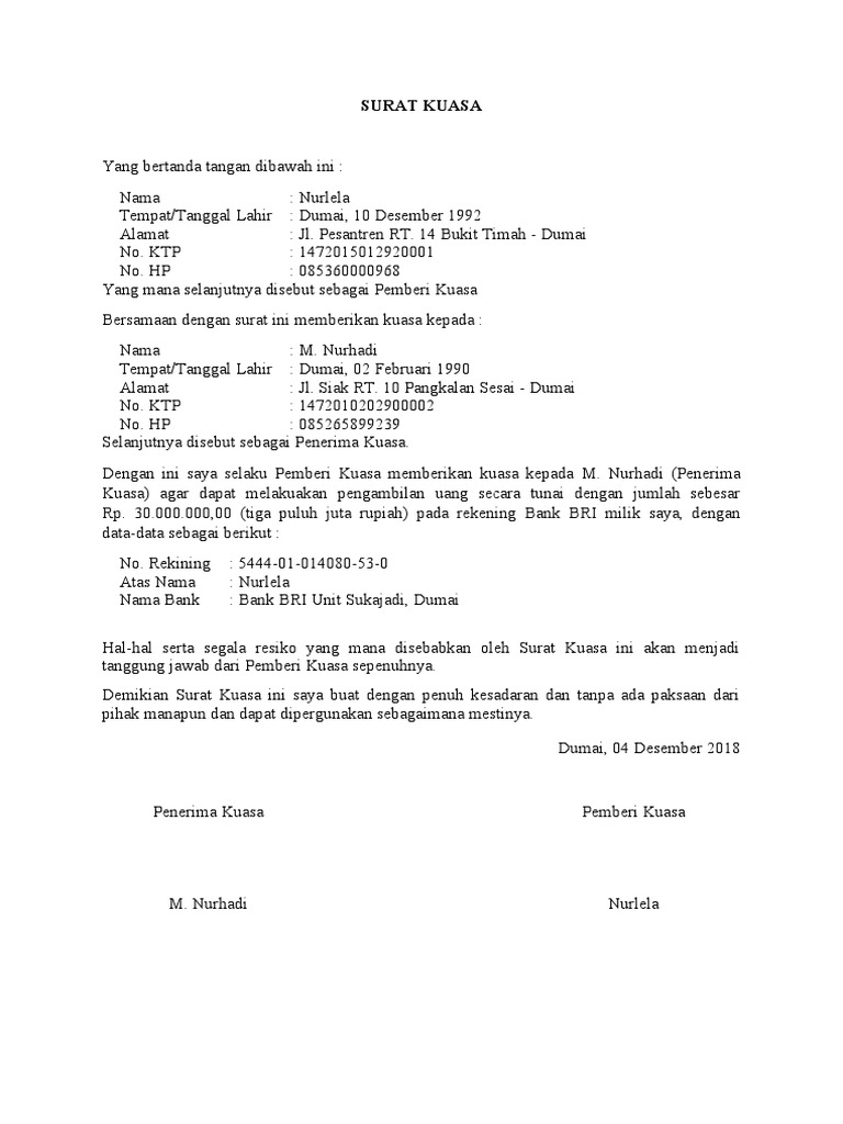 Contoh Surat Kuasa Pengambilan Uang Di Bank Pdf