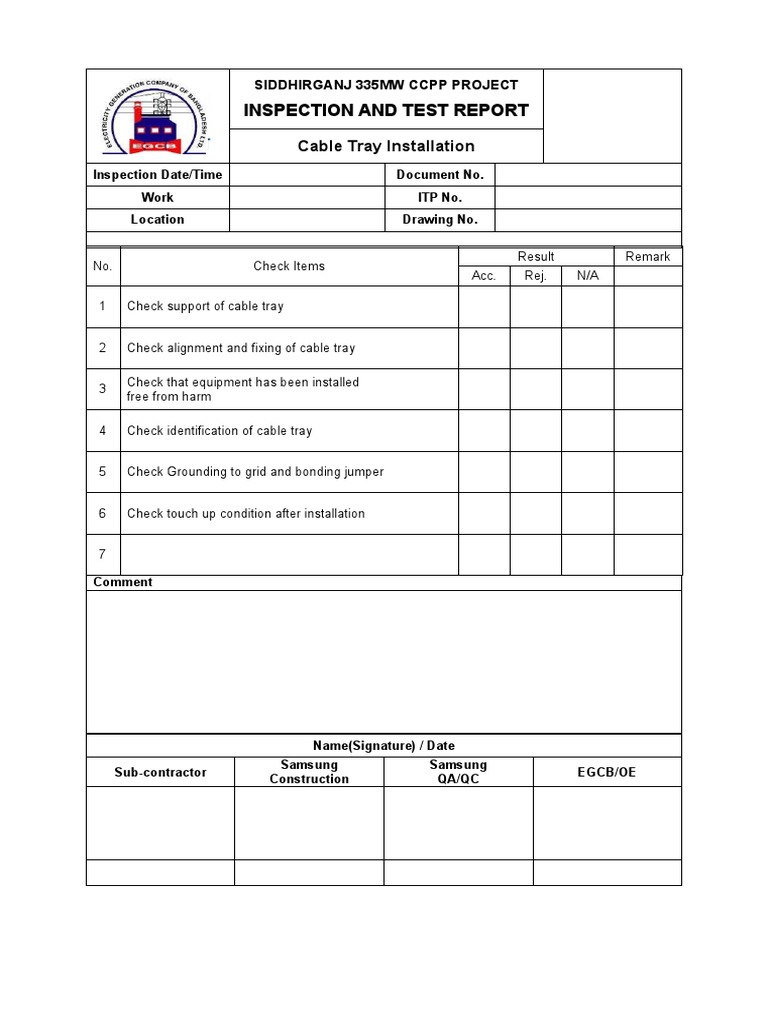 Cable Tray Installation Inspection Report | PDF