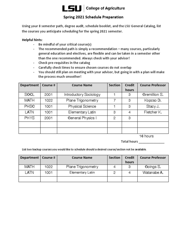 Spring 2021 Schedule Planning | PDF