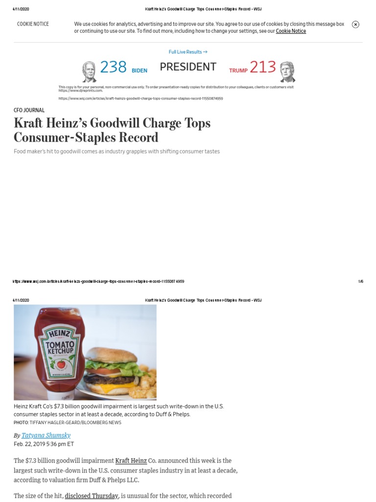 Kraft Heinz's Goodwill Charge Tops ConsumerStaples Record WSJ PDF Goodwill (Accounting