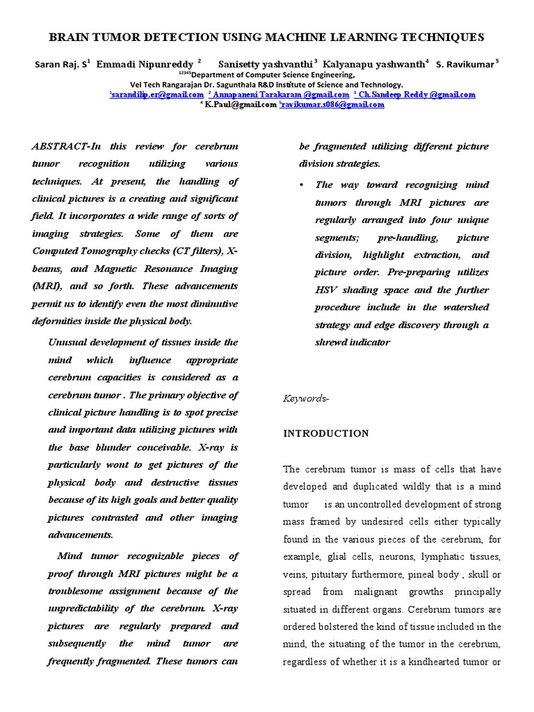 Brain Tumor Detection Using Machine Learning Techniques | PDF | Cluster ...