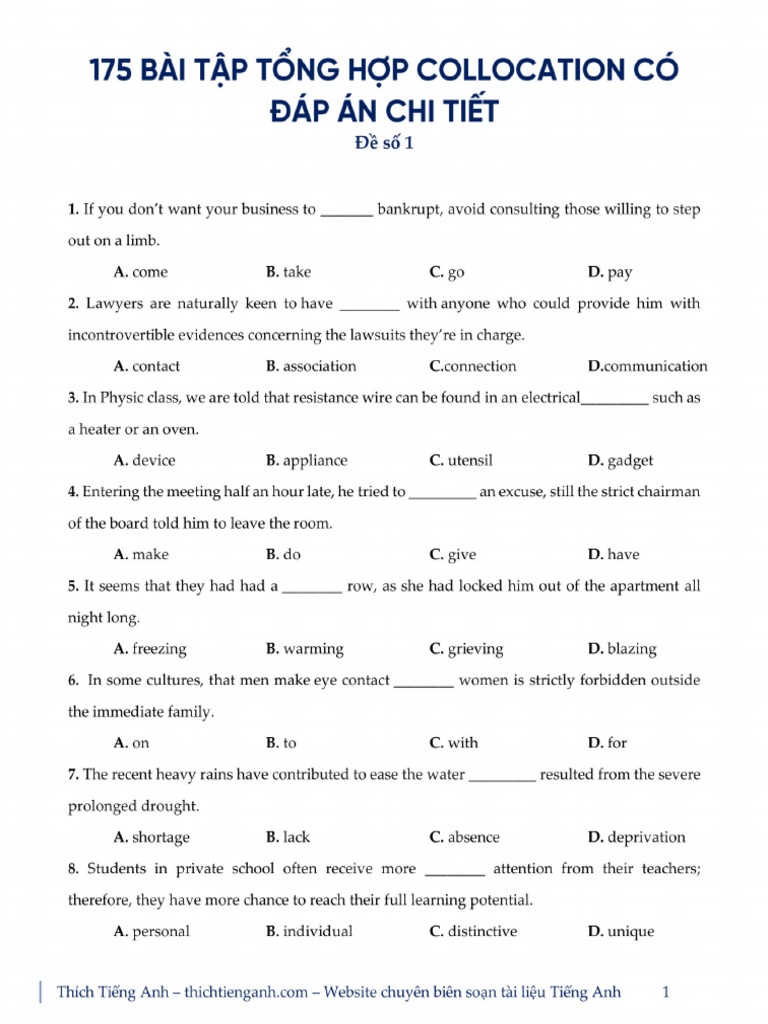 Thichtienganh Com 175 Cau Bai Tập Collocation Co đap An Chi Tiết Chọn Lọc Mira Van Pdf