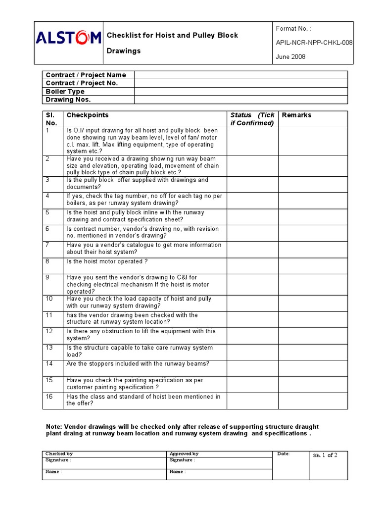 Hoist and Pulley Block Checklist | PDF | Specification (Technical ...