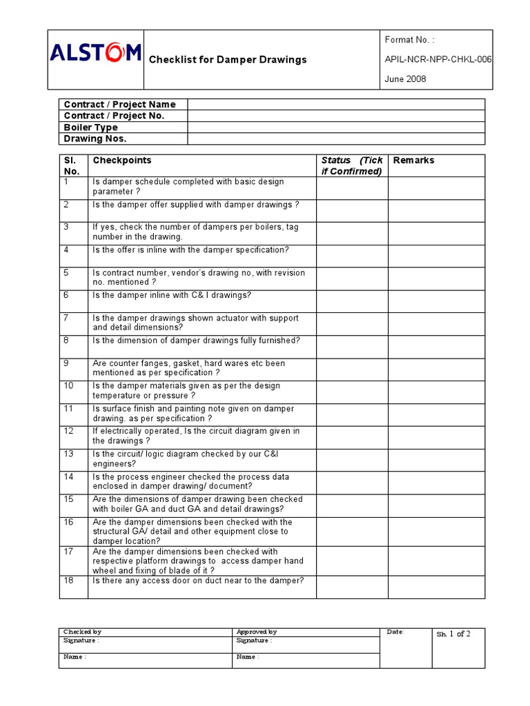 Checklist Damper Non Pressure Parts Drgs. PDF Specification