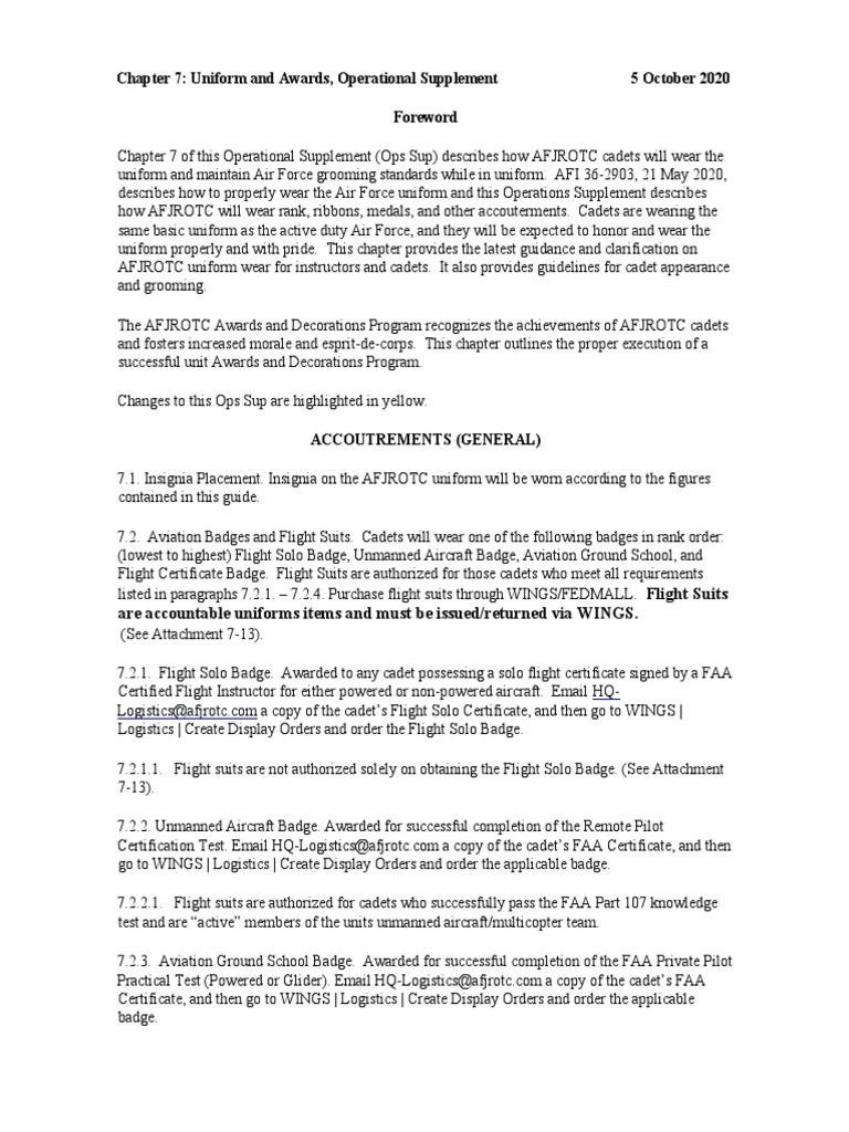 Chapter 7 Uniform and Awards, Operational Supplement 5 October 2020