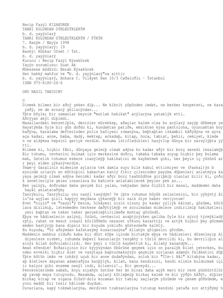 Necip Fazil Kisakurek Tanri Kulundan Dinlediklerim