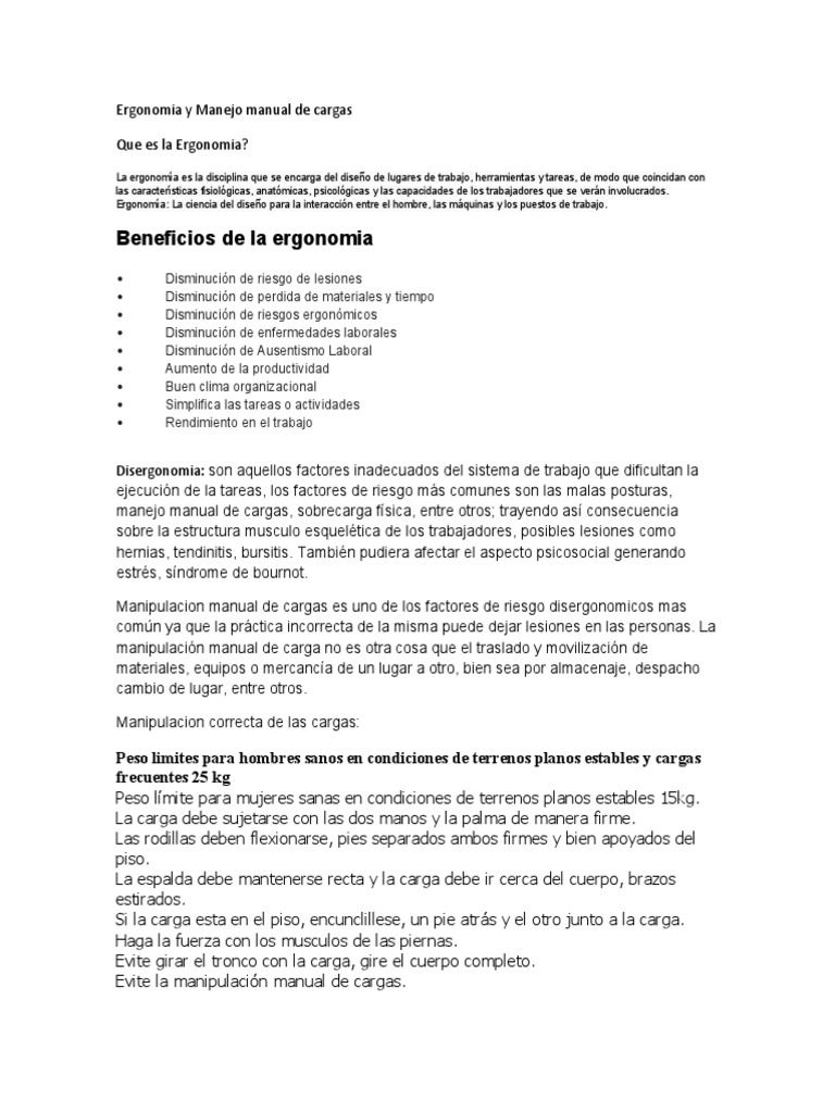 Ergonomia y Manejo Manual de Cargas | Descargar gratis PDF | Factores ...