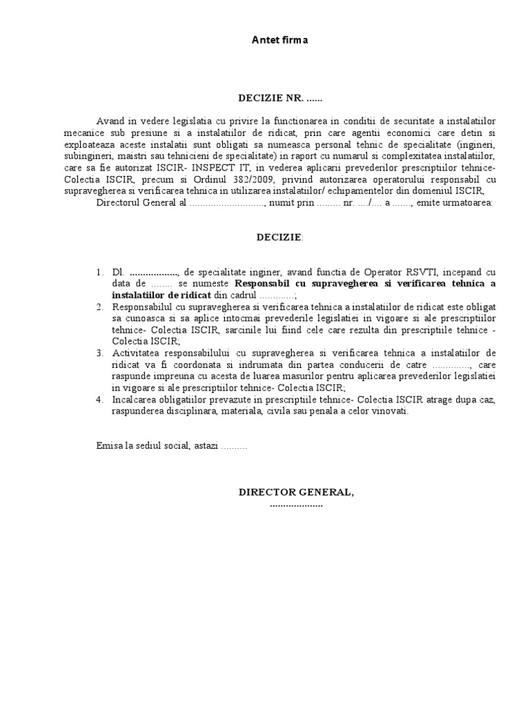 Decizie Operator RSVTI Model | PDF