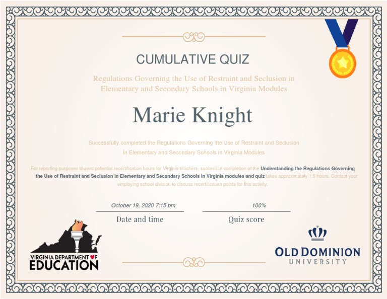 Restraint and Seclusion Training Certificate PDF