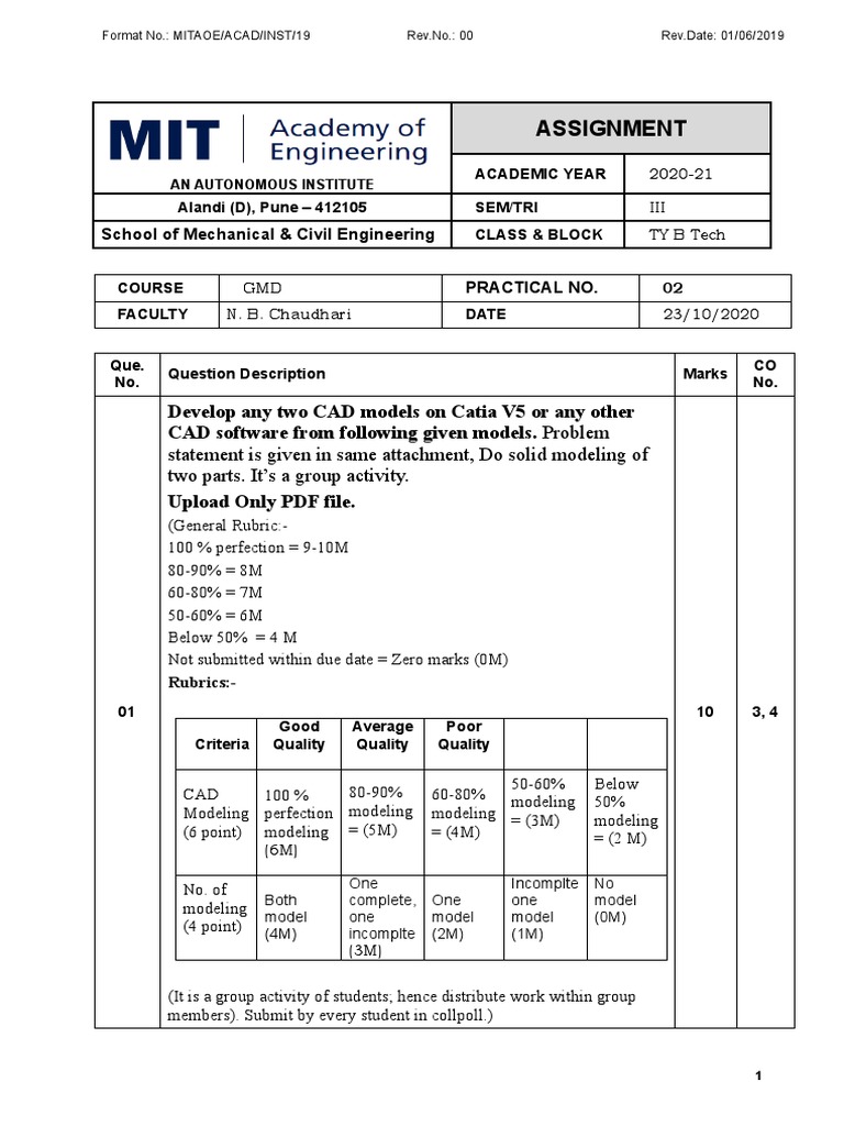 CAD Modeling Assignment for B Tech Students | PDF | Software ...