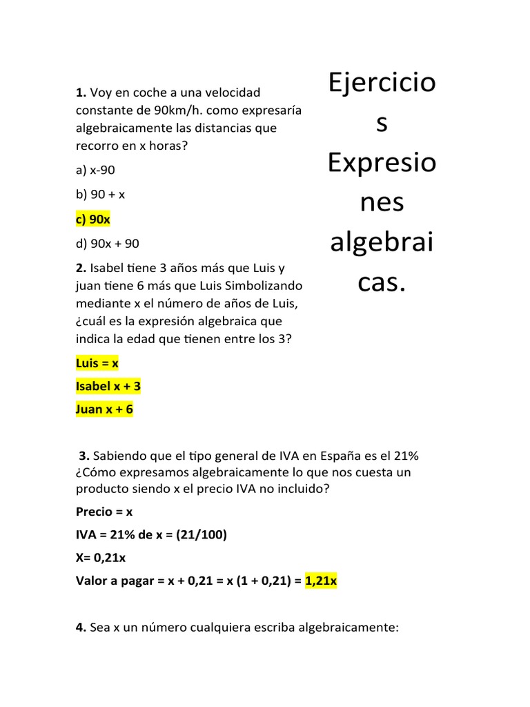 Ejercicios de Expresiones Algebraicas | PDF | Métodos y materiales de ...