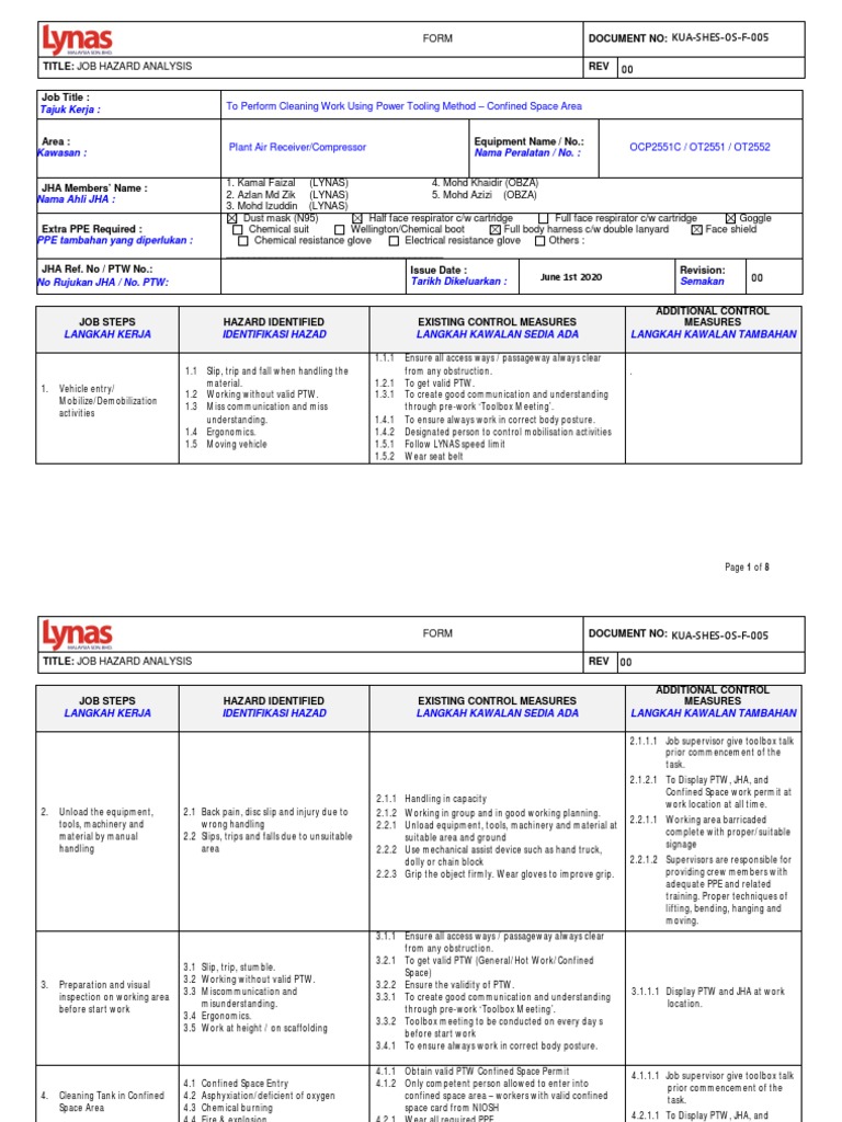 01 JSA CLEANING COMPRESSOR Rev 05 015 BI PDF Safety Prevention