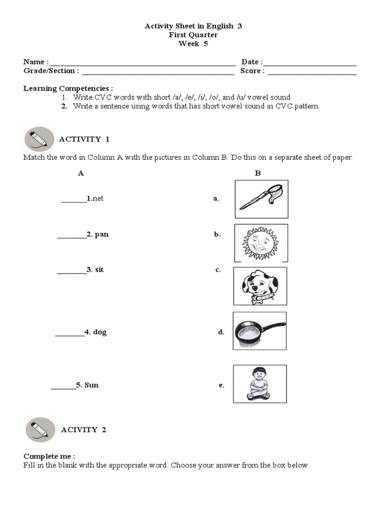 Write CVC Words With Short /a/, /e/, /i/, /o/, and /u/ Vowel Sound PDF