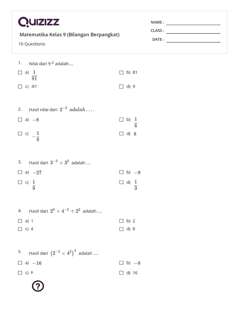 Matematika Kelas 9 Bilangan Berpangkat Print Quizizz