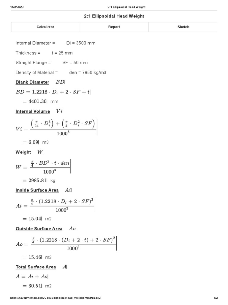 2:1 Ellipsoidal Head Weight Calculator | PDF | Teaching Methods & Materials