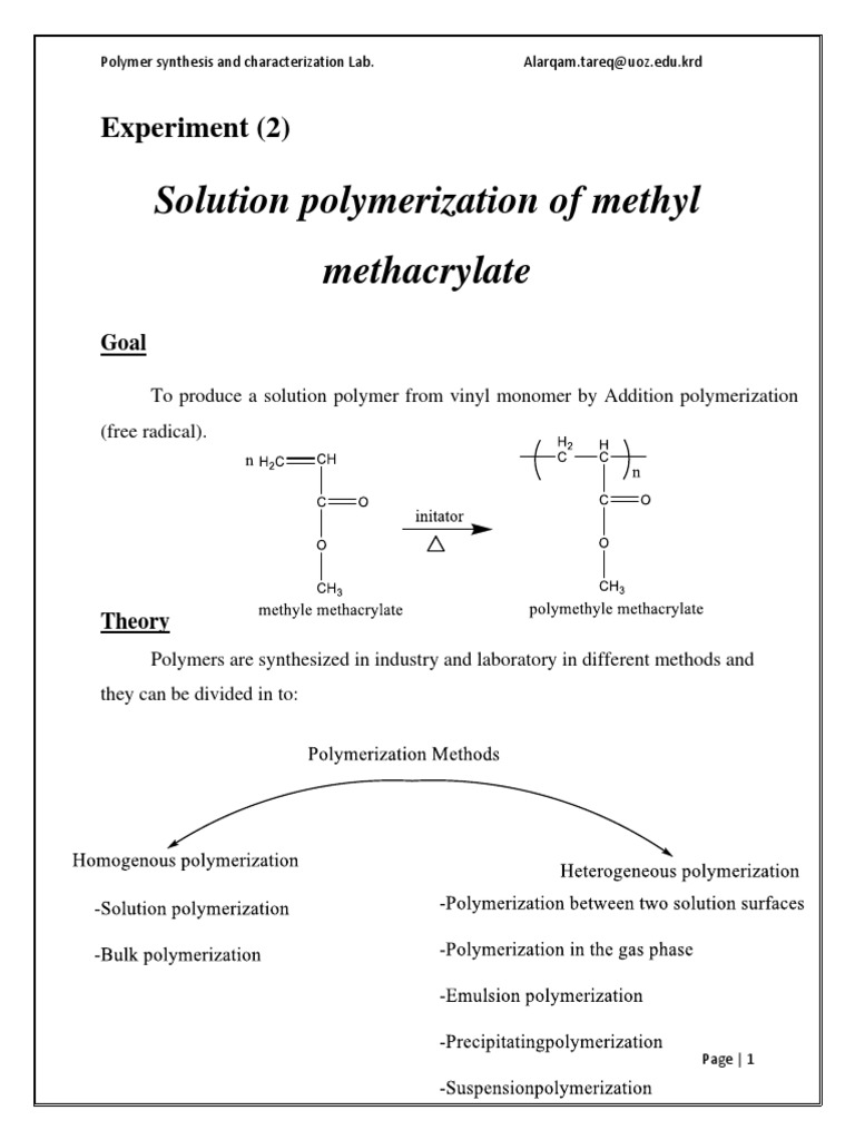 Solution Polymerization of Methyl Methacrylate PDF Polymerization