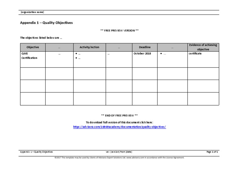 Appendix 1 - Quality Objectives: Free Preview Version The Objectives ...