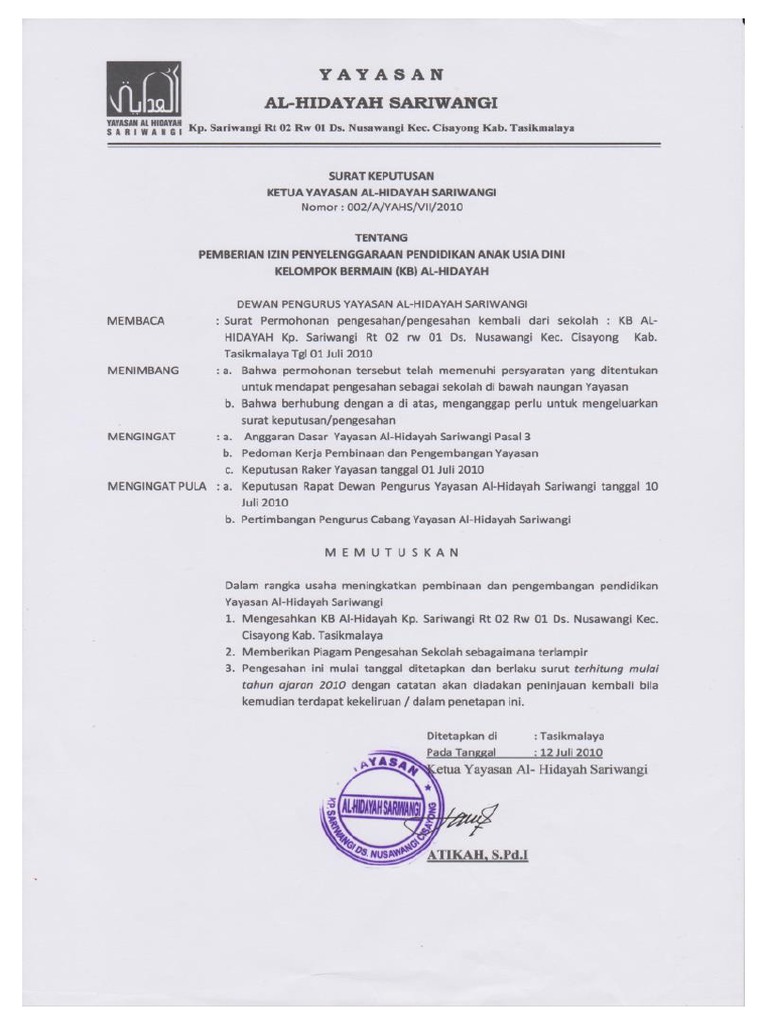 Contoh Sk Sekolah Naungan Yayasan Kb