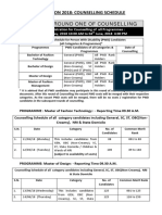 Admission 2018: Counselling Schedule Start of Round One of Counselling