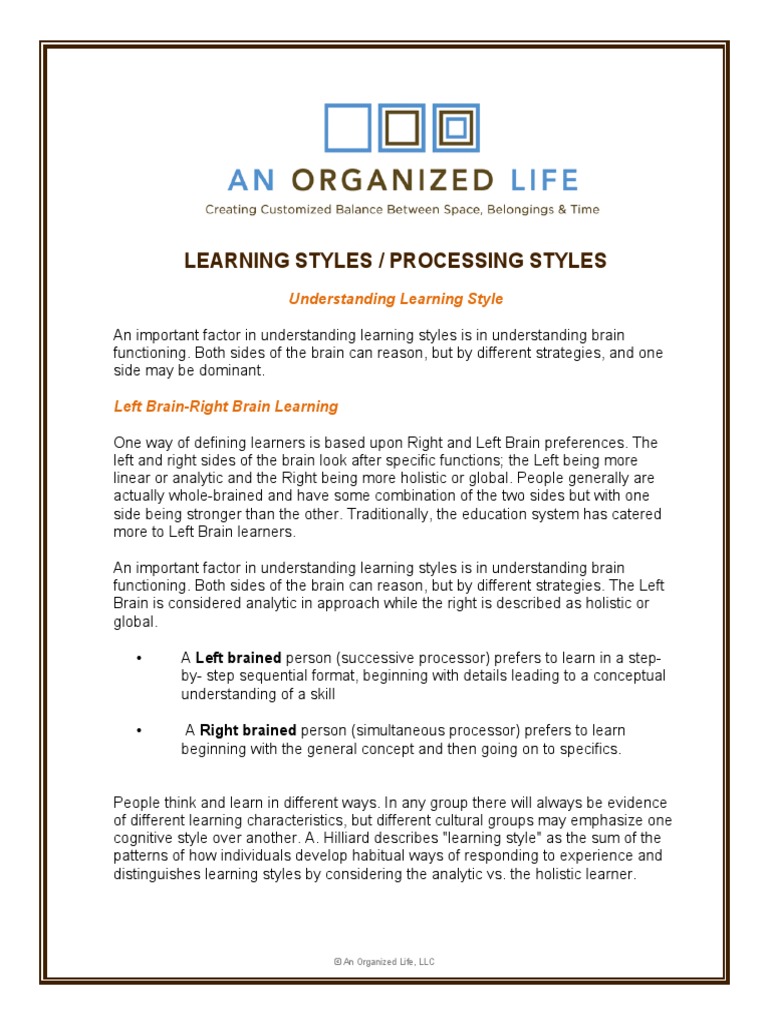 Learning Styles / Processing Styles | PDF | Learning Styles | Reason
