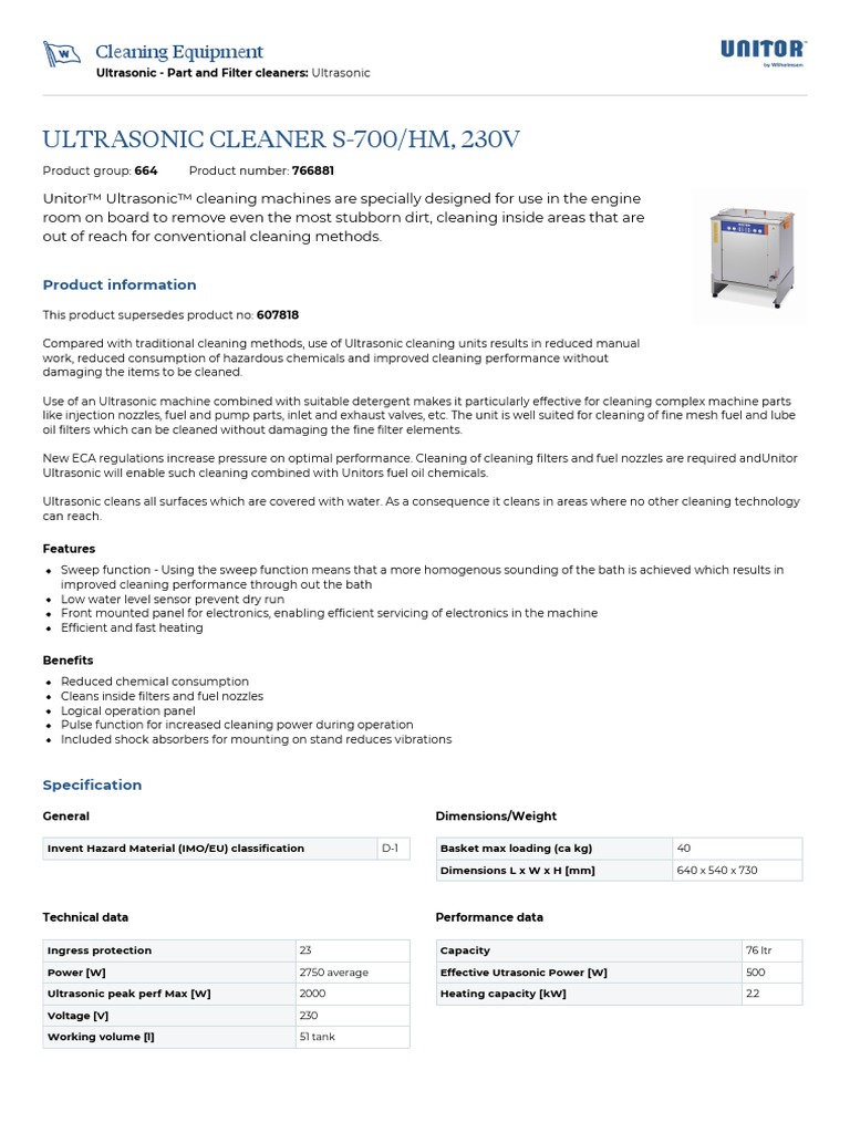 Ultrasonic Cleaner S700 HM, 230V PDF Ultrasound Mechanical Engineering