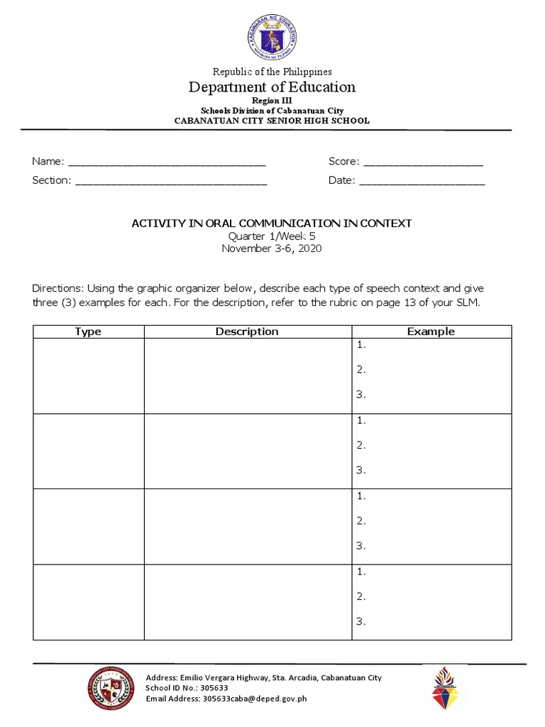 Department Of Education Activity In Oral Communication In Context Pdf
