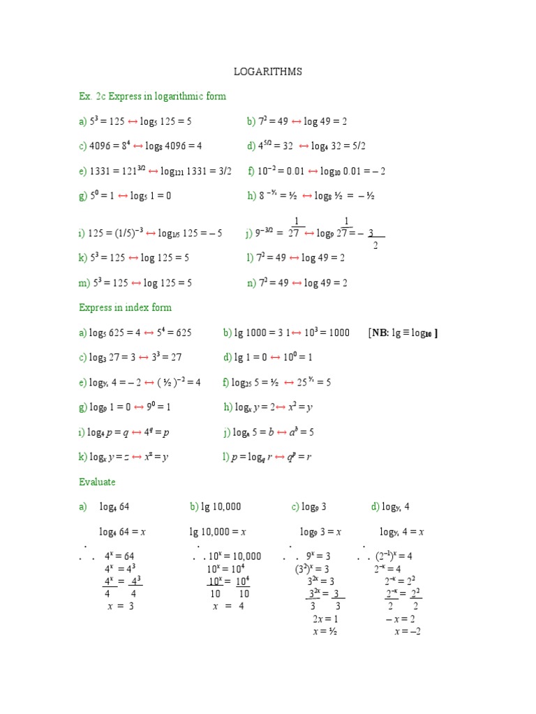 Logarithms Wrksht Quadratic Equation Equations