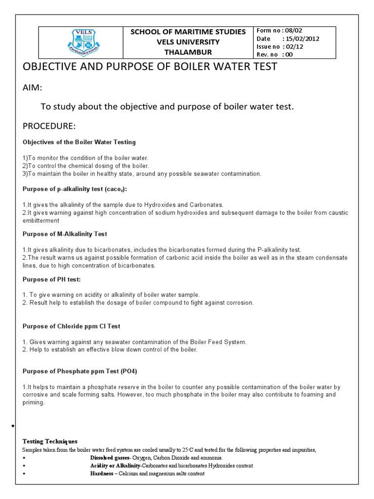 Objective and Purpose of Boiler Water Test PDF Applied And