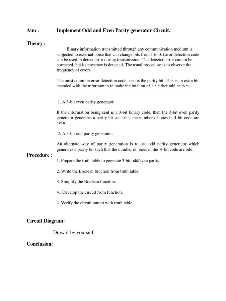 Aim: Implement Odd and Even Parity Generator Circuit. Theory | PDF