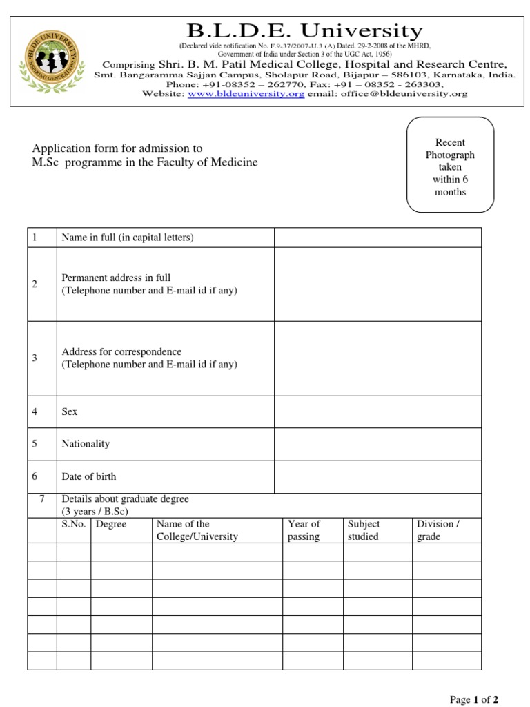 M.Sc Admission Application Form | PDF | Medical School | Academia