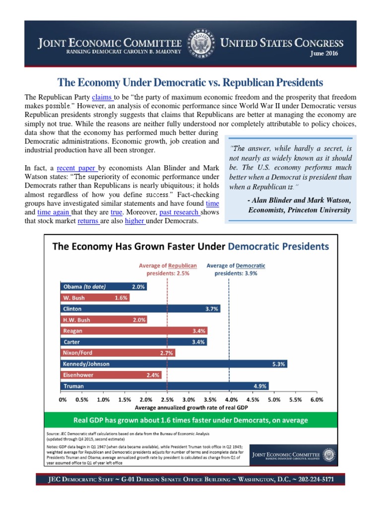 The Economy Under Democratic vs. Republican Presidents June 2016 