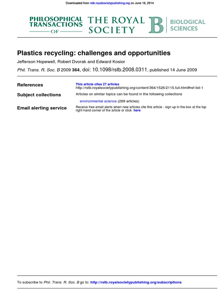 Plastics Recycling Challenges and Opportunities PDF Recycling Plastic