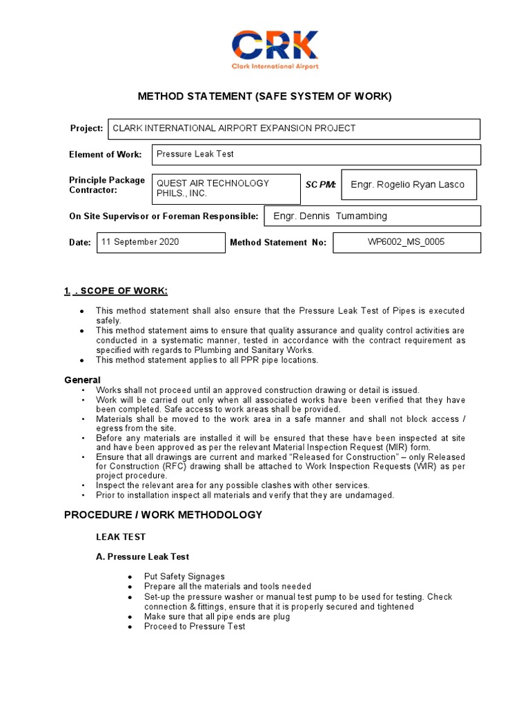 Pressure Leak Testing Method Statement | PDF | Personal Protective ...