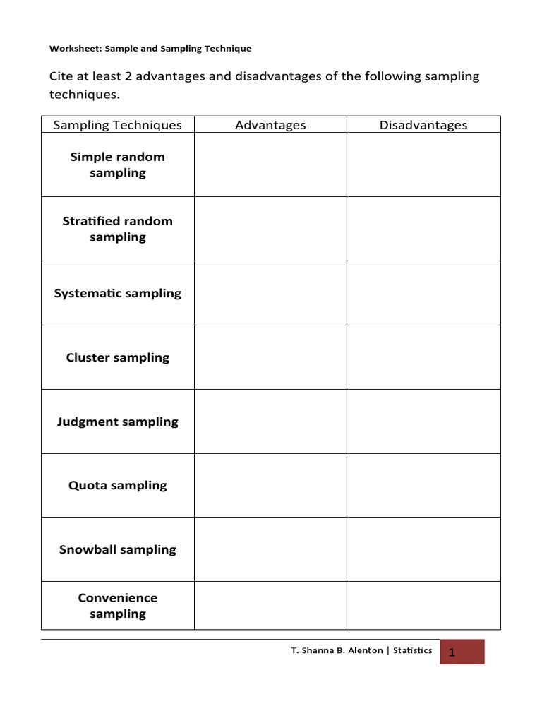 Cite at Least 2 Advantages and Disadvantages of The Following Sampling ...