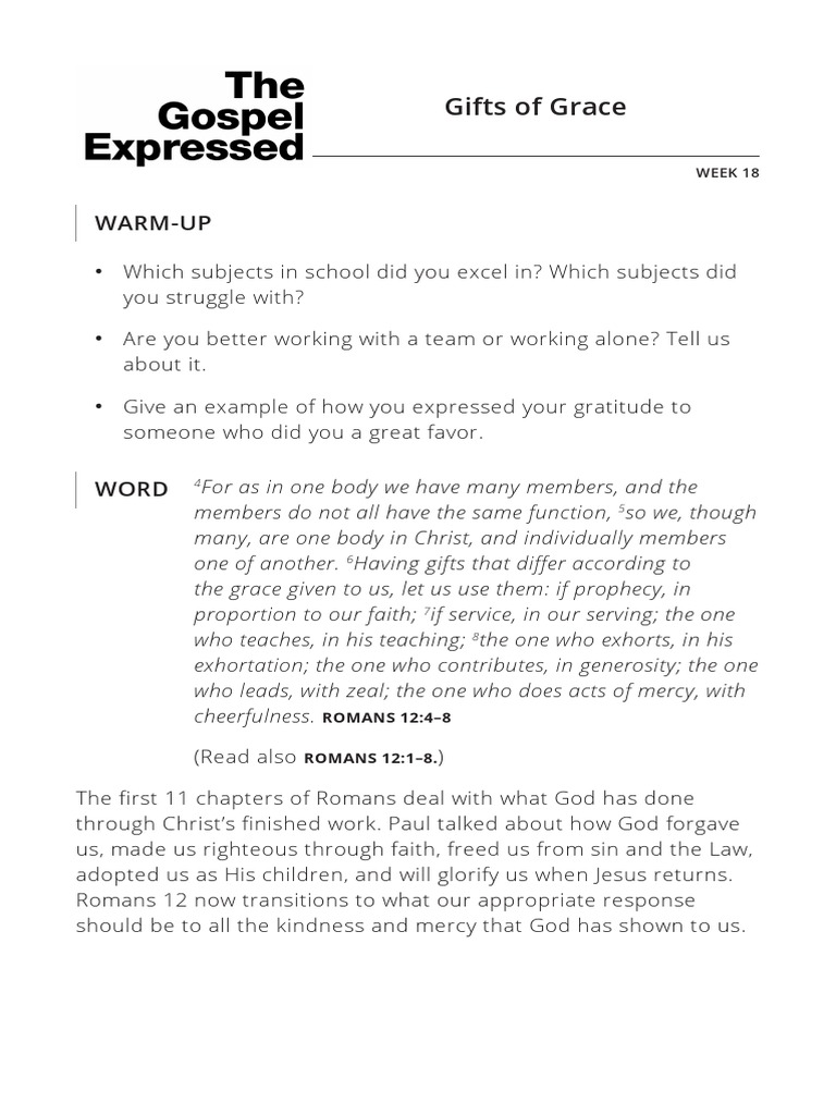 The Gospel Expressed Week 18 Gifts of Grace Mobile | PDF | Grace In ...