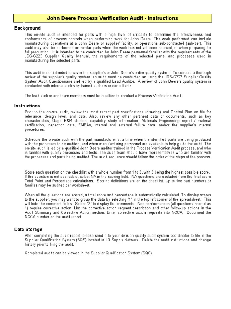 John Deere Process Verification Audit Guide | PDF | Verification And ...