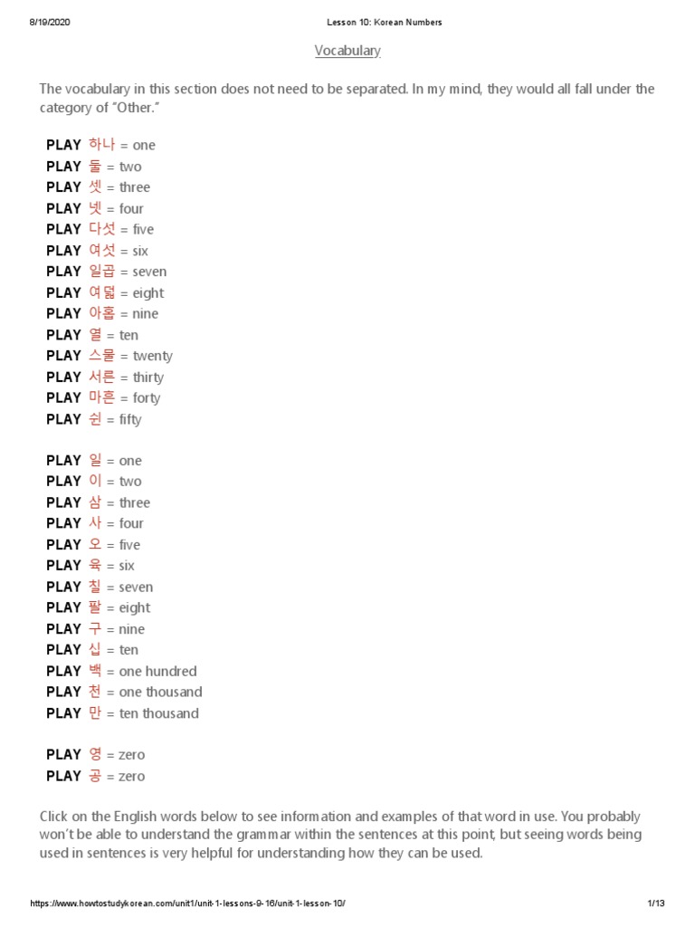 Lesson 10 Korean Numbers Pdf Korean Language Adverb