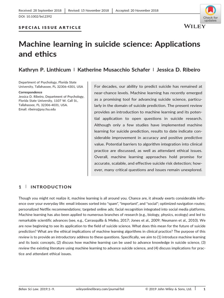 Machine Learning in Suicide Science Applications and Ethics PDF | PDF ...