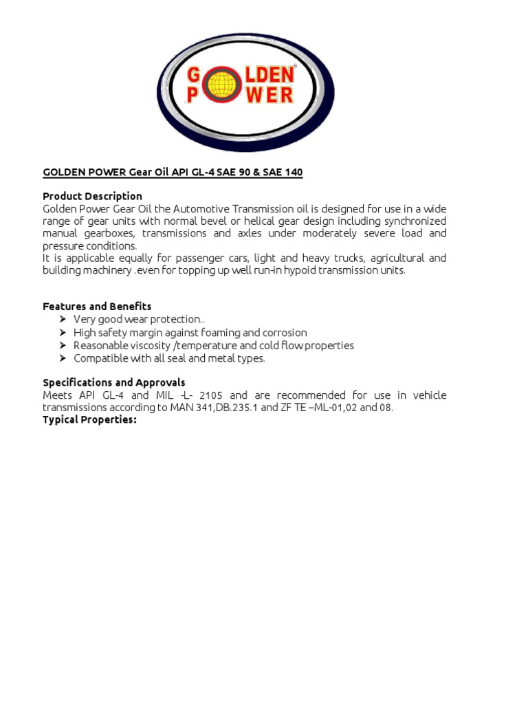 GOLDEN POWER Gear Oil API GL-4 SAE 90 & SAE 140 TDS | PDF | Mechanical ...