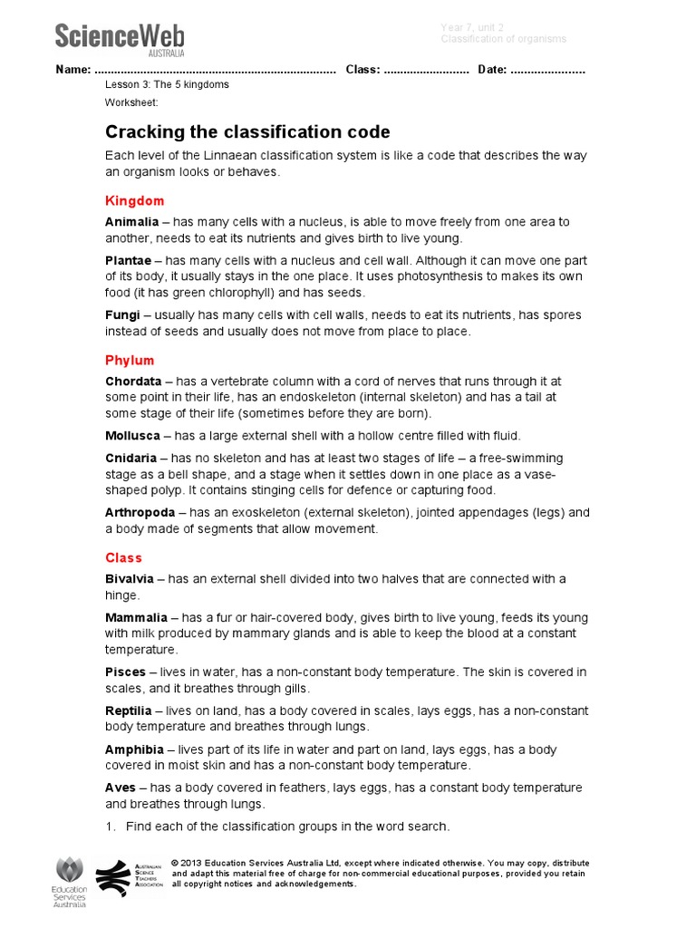 Cracking The Classification Code Worksheet | PDF | Skeleton | Organisms