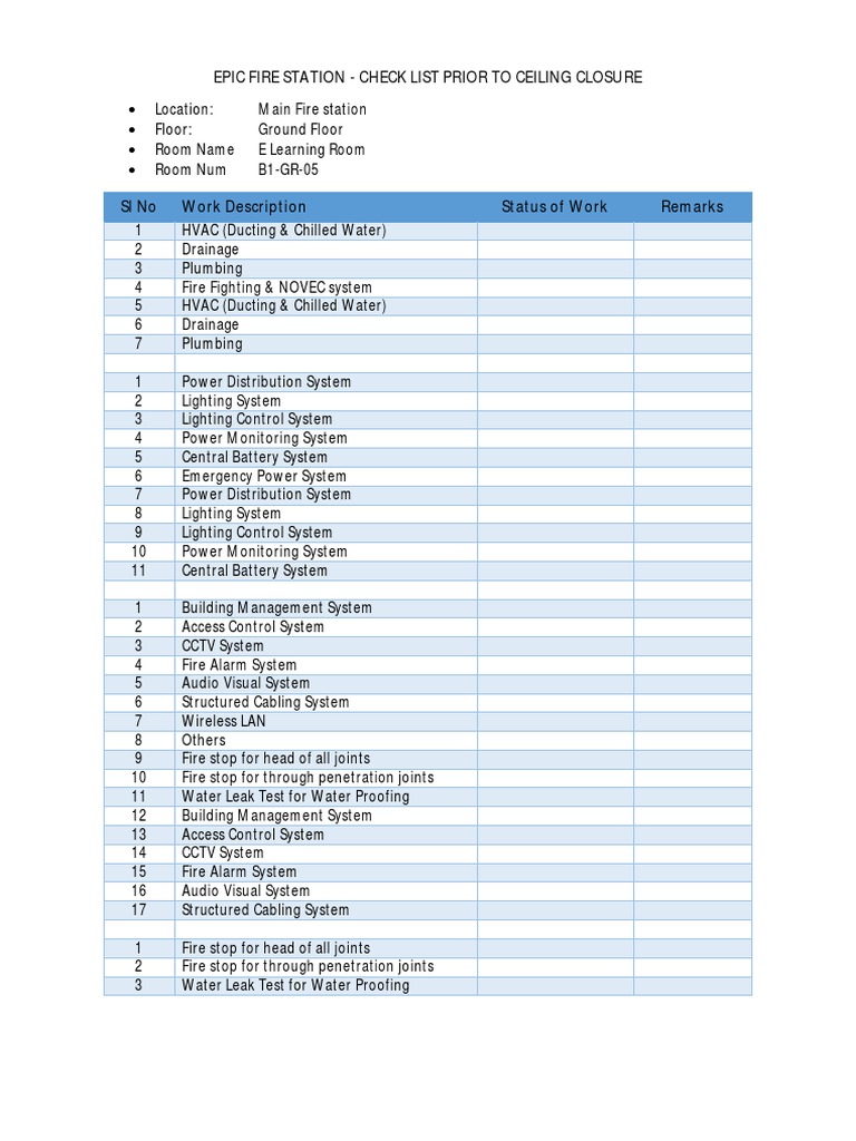 Epic Fire Station - Check List Prior To Ceiling Closure | PDF